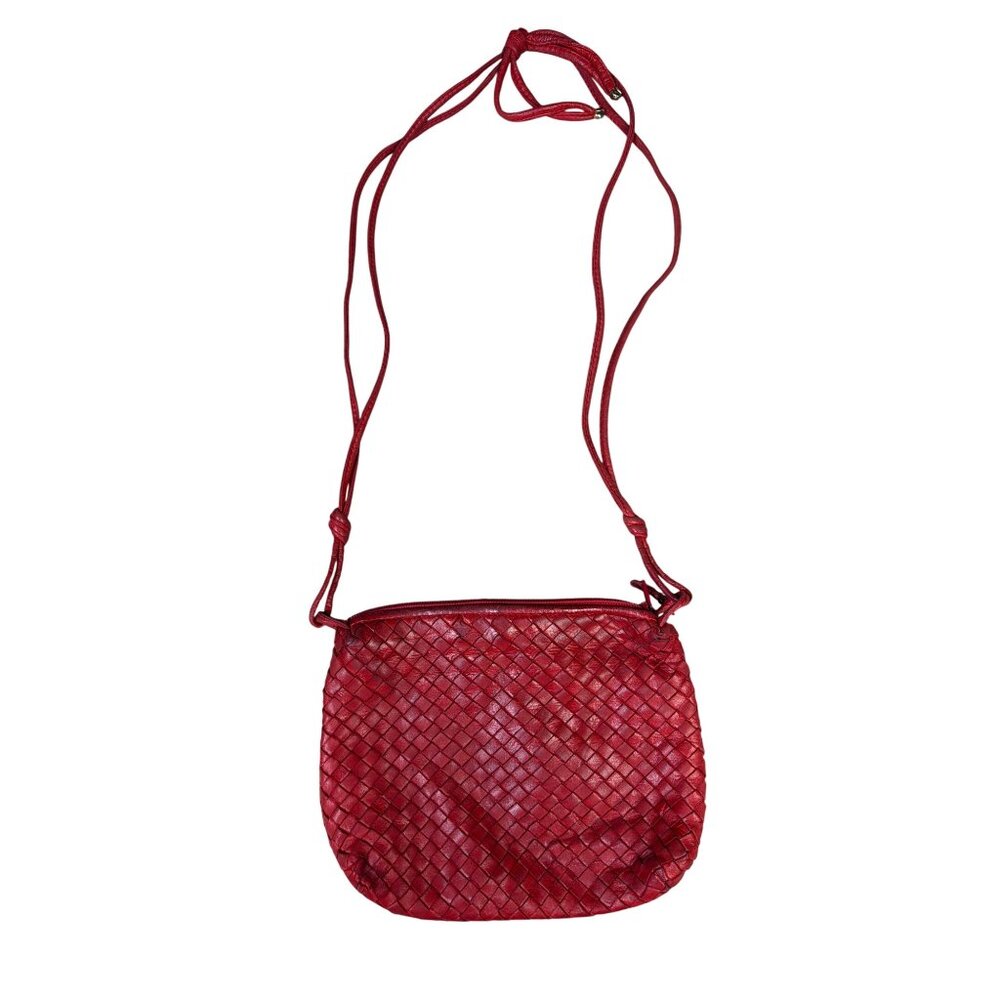 Vintage Cosci Red Handmade Woven Leather Crossbody Bag With Adjustable Strap